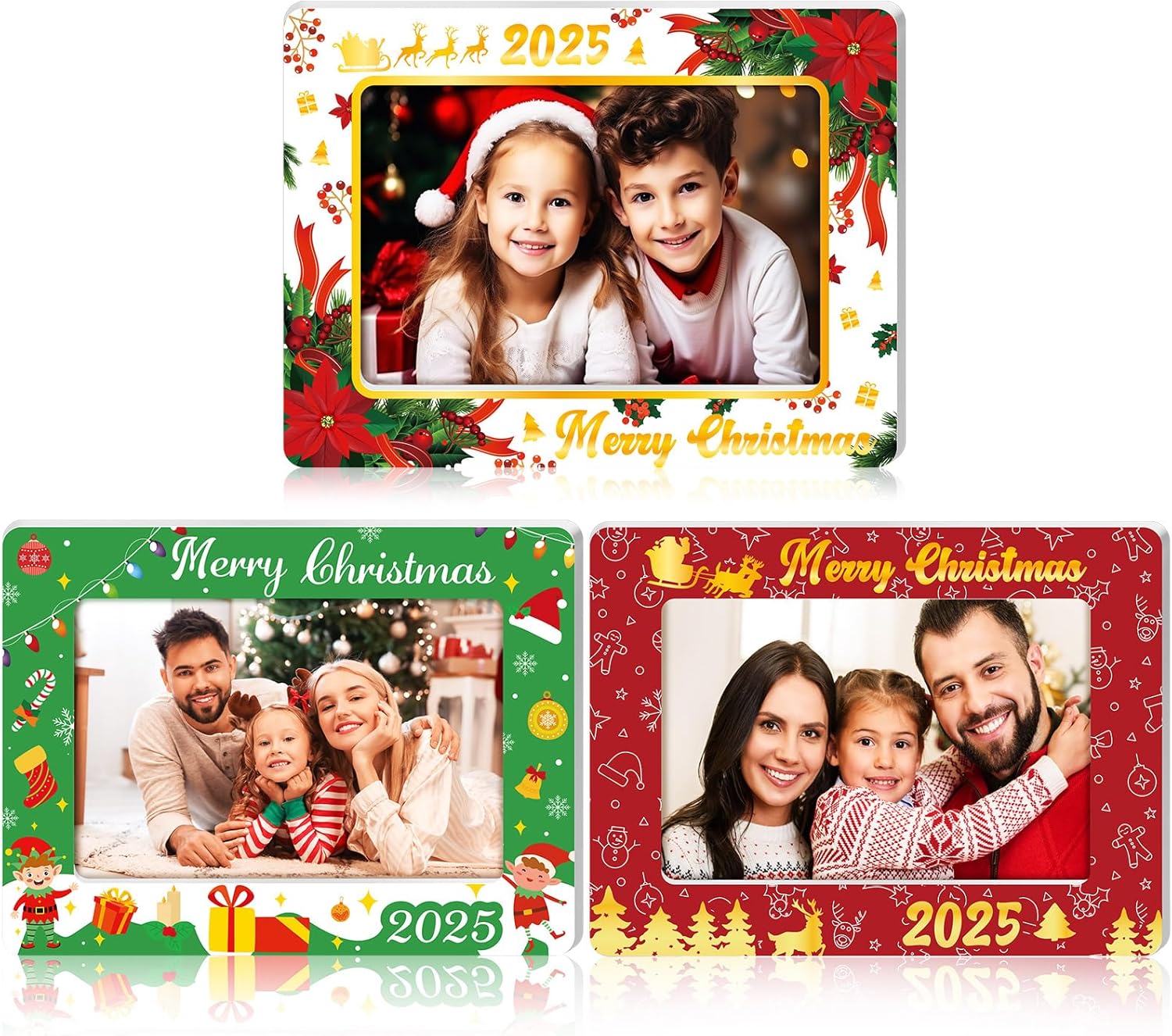 Qunclay 3 Pcs Christmas Picture Frame 4x6 Inch 2026 Xmas Wooden DIY Red Green and White Stripes Photo Frames Decorations Gift for Family Friends Holiday Gifts Xmas Decorative Home Souvenir(Christmas)