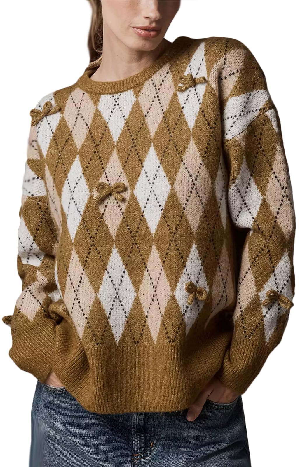 Women Gingham Crewneck Knit Sweater Y2k Argyle Oversized Long Sleeve Polo Sweatshirt Christmas Plaid Rugby Pullovers
