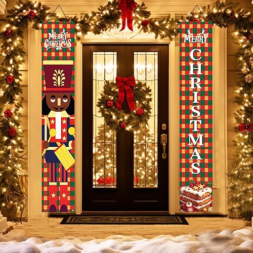 Miniatura 5 de Decoraciones navideñas para porche al aire libre, cascanueces para puerta delantera, juego de letreros de porche a cuadros rojos y verdes,