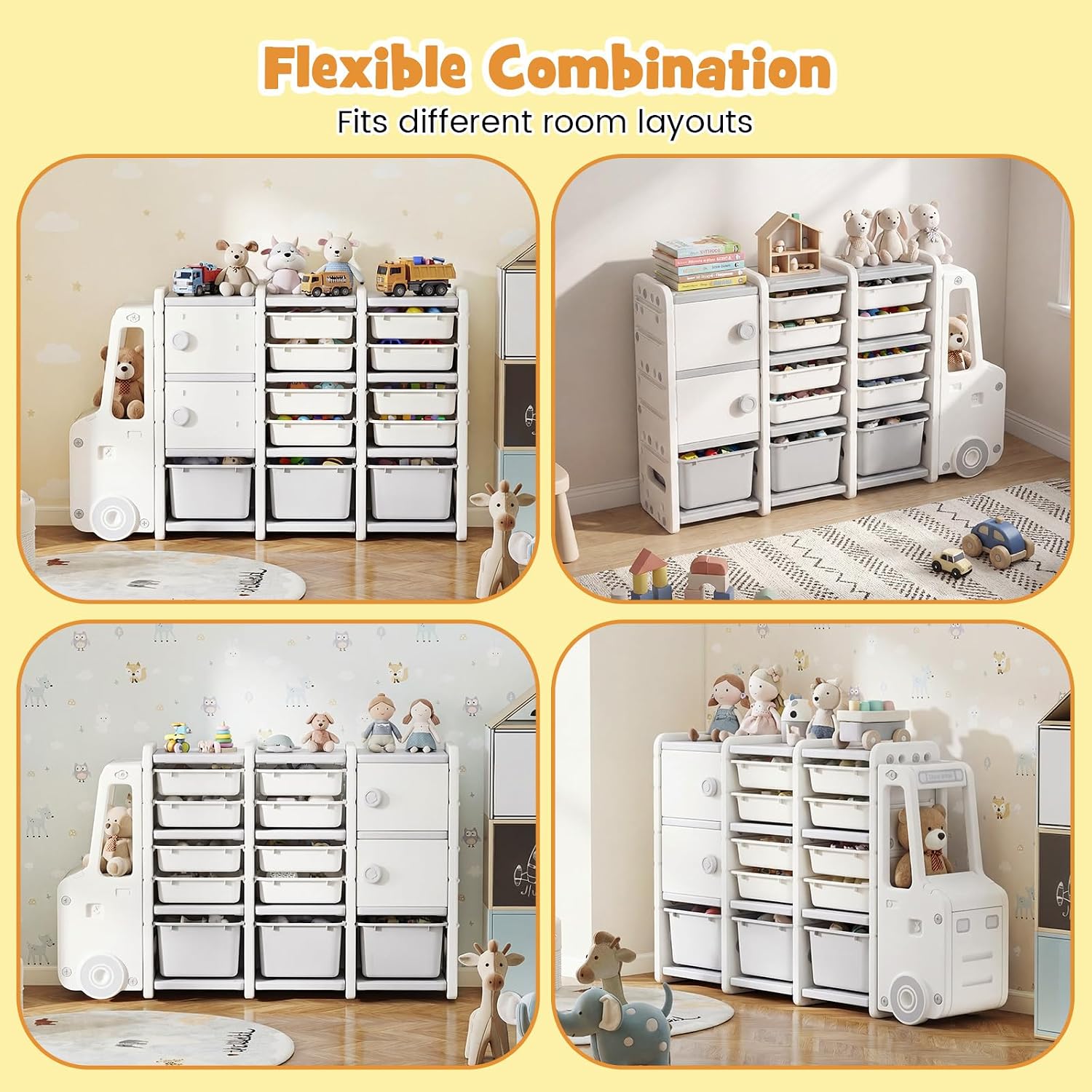 Costzon Car-Shaped Toy Storage Organizer, Kids Toy Shelf w/11 Removable Bins, 2 Cabinets, Top Shelf & Cab Compartment, Toddler Bookshelf for Kids Room, Playroom, Classroom, Living Room (Car)