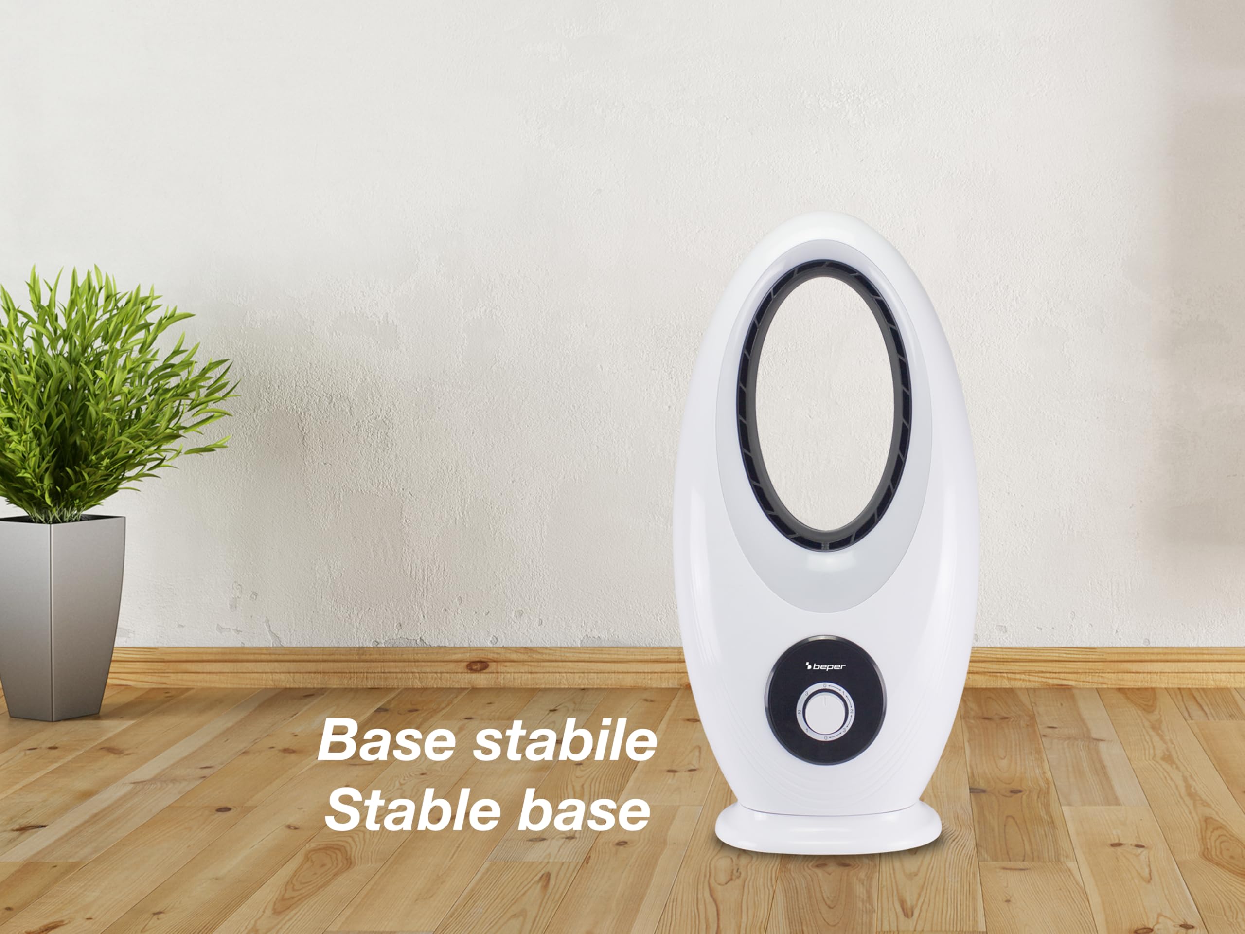 beper P206RAF110 Moderner, 50W, Leiser, Oszillierender, Messerloser Bodenventilator mit 3 Ventilationsgeschwindigkeiten, Sicheres und innovatives Design für effektive Luftverteilung, Weiß