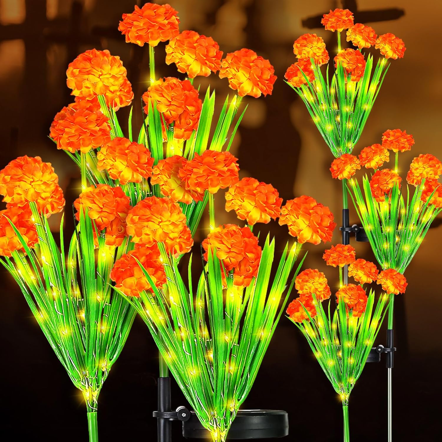 6 Sets Day of the Dead Marigold Lights 29'' Height Solar Marigold Lights with 21 Marigold Flowers Heads Outdoor Waterproof Garden Landscape Lights for Diwali Dia De Los Muertos Halloween Party