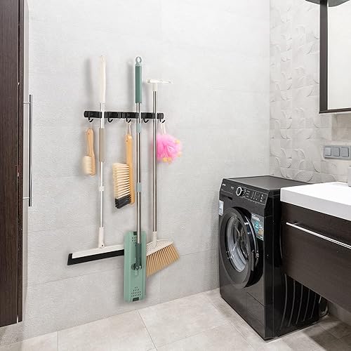 Miniatura 2 de Paquete de 2 soportes para fregona y escoba, organizador de escobas y trapeador para colgar en la pared, colgador de escoba de acero inoxidable,