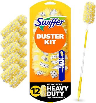 Swiffer Duster Kit with 3 ft Extendable Handle, Dusters for Cleaning, Set Includes 1 Extension Pole and 12 Heavy Duty Dusting Refills Dust Cleaner, Long Extended Wand for Ceiling Fans and Walls