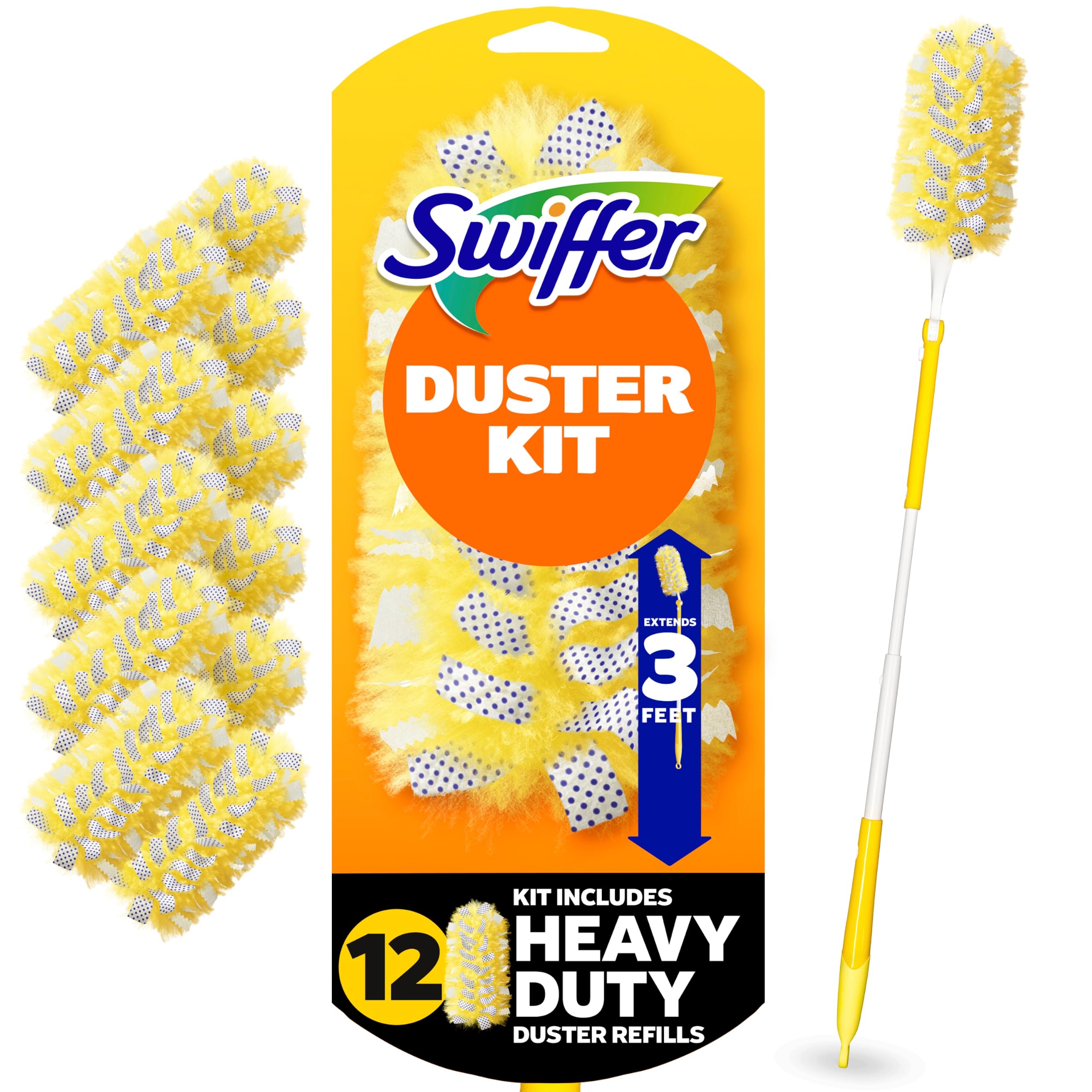 Swiffer Duster Kit with 3 ft Extendable Handle, Dusters for Cleaning, Set Includes 1 Extension Pole and 12 Heavy Duty Dusting Refills Dust Cleaner, Long Extended Wand for Ceiling Fans and Walls
