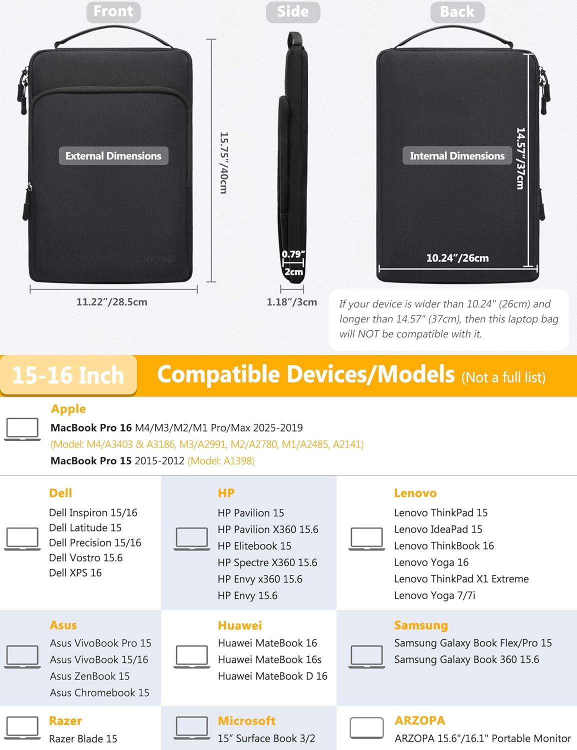 HYZUO 15-16 Inch Laptop Bag Sleeve for MacBook Pro 16 M4 M3 M2 M1 2026-2019, 15" Surface Book, Notebook Case for 15" 15.6" Dell HP Lenovo ThinkBook Asus Acer Samsung Huawei, Black - Image 4