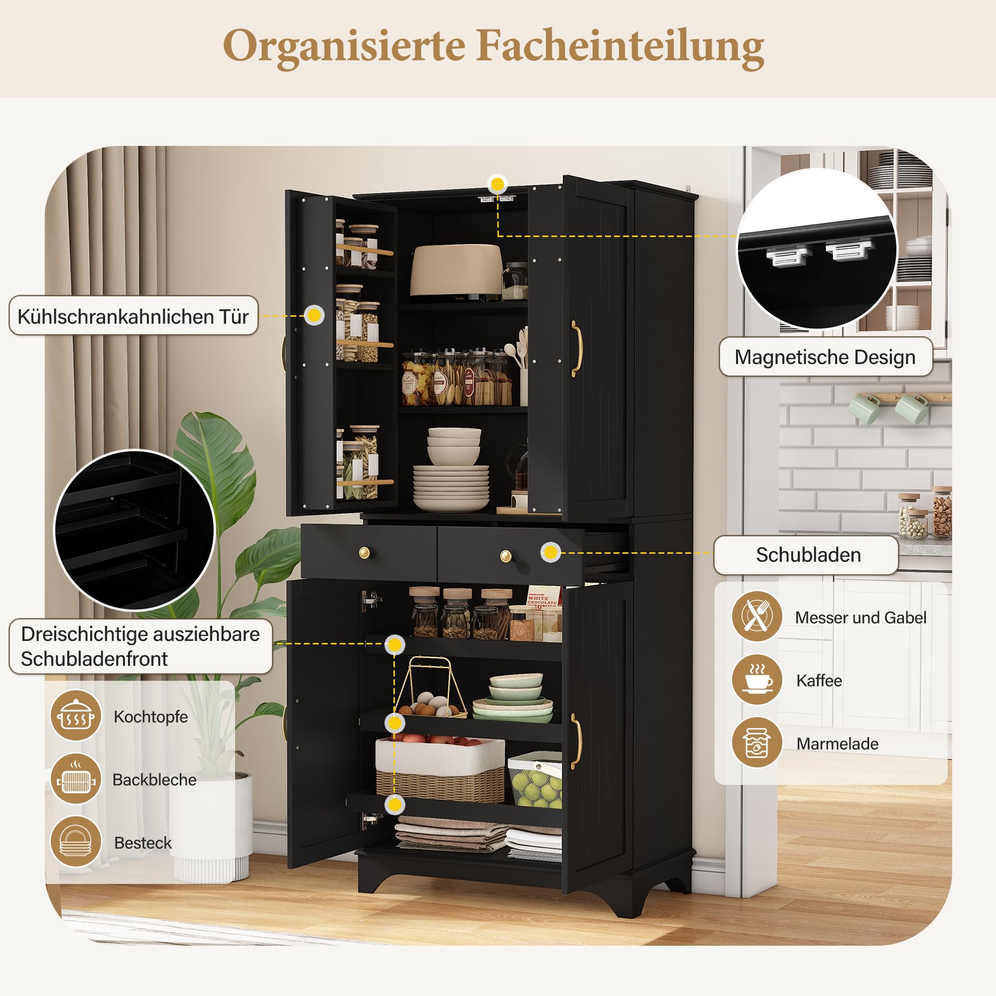 Armario alto con estantes ajustables y cajones, estantería con estantes extensibles y puertas de frigorífico, ideal para comedor, salón y cocina (negro)