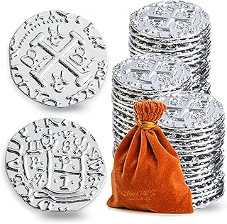 Metal Pirate Coins, Prefdo 100PCS Silver Treasure Coin Set Spanish Doubloon Replicas Fantasy Metal Coins Pirate Gold Coins...