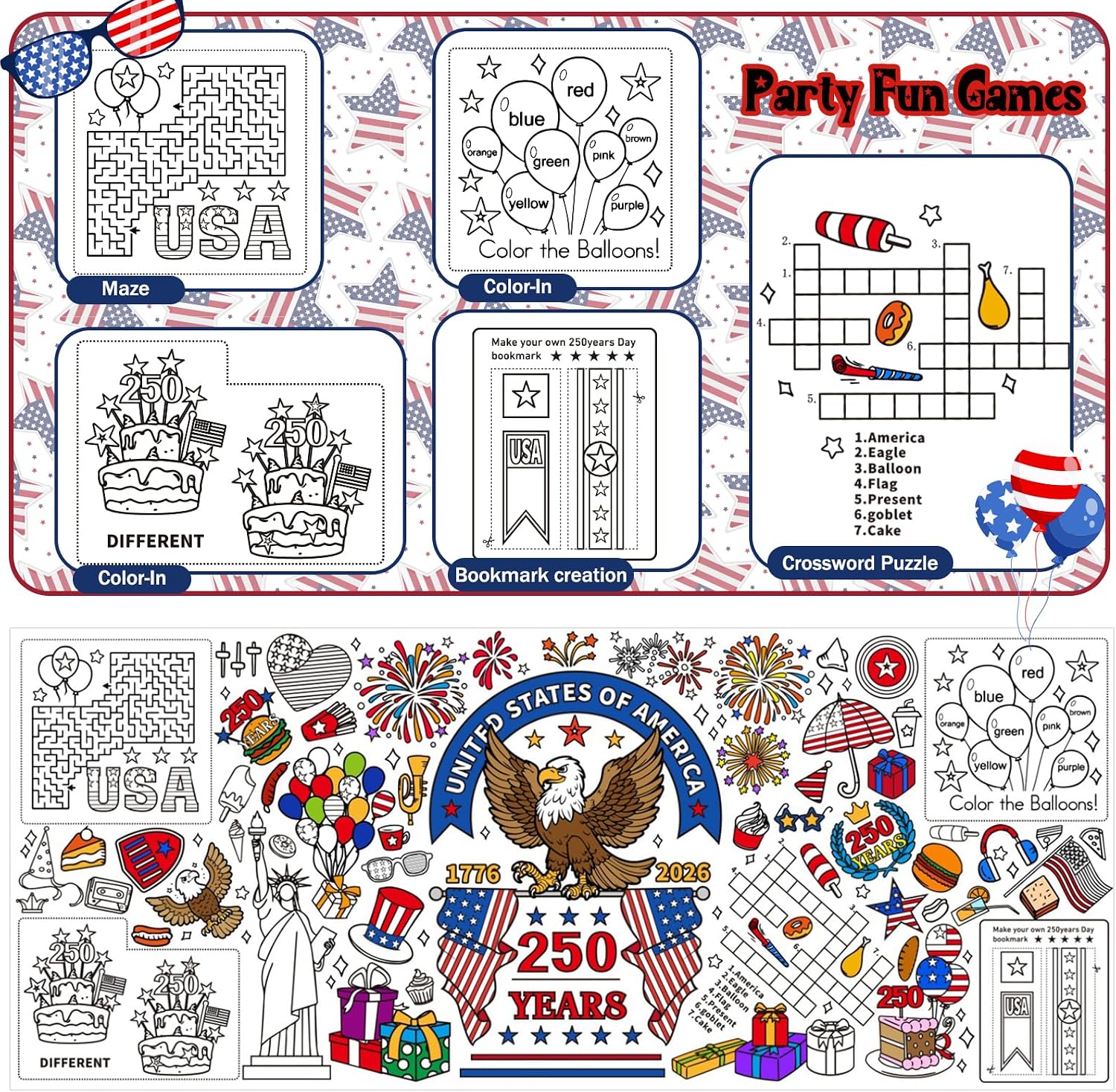 USA 250th Anniversary Giant Coloring Poster, 4th Of July Party Games and Table Cover, 1776-2026 Patriotic Tablecloth, Independence Day Coloring Sheet for Kids