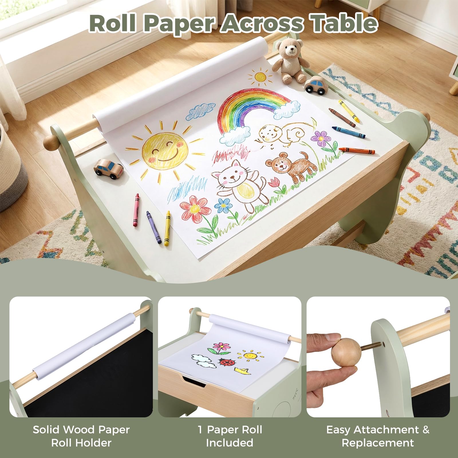 FANTASK 4 in 1 Holz Kindertisch mit Stuhl, wendbare & abnehmbare Tischplatte, Maltisch mit Stauraum & Papierrollenhalter, für Kinder ab 3 Jahren