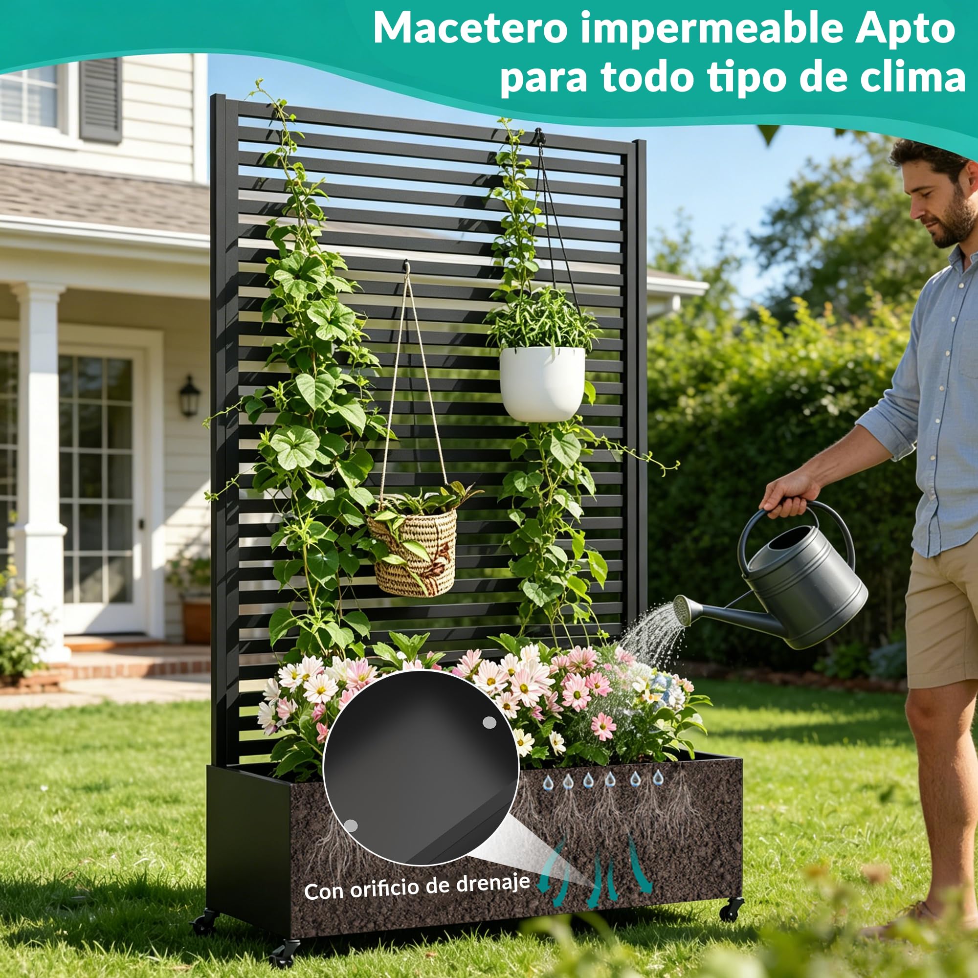 Jardinera metálica para Exterior con Enrejado, bancal Elevado de Metal con Ruedas, Jardinera Independiente con privacidad para Flores y Verduras en jardín, Patio y balcón.