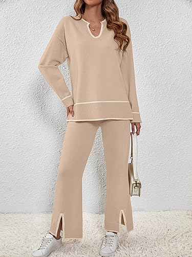 Miniatura 9 de SuperPrity Conjunto de 2 piezas de suéter para mujer, con cuello de muesca, manga larga, suéter de punto y pierna ancha