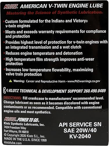 Miniatura 3 de Klotz Kit de cambio de aceite sintético 20W-40 de 6 cuartos de galón para motocicleta Indian Thunderstroke