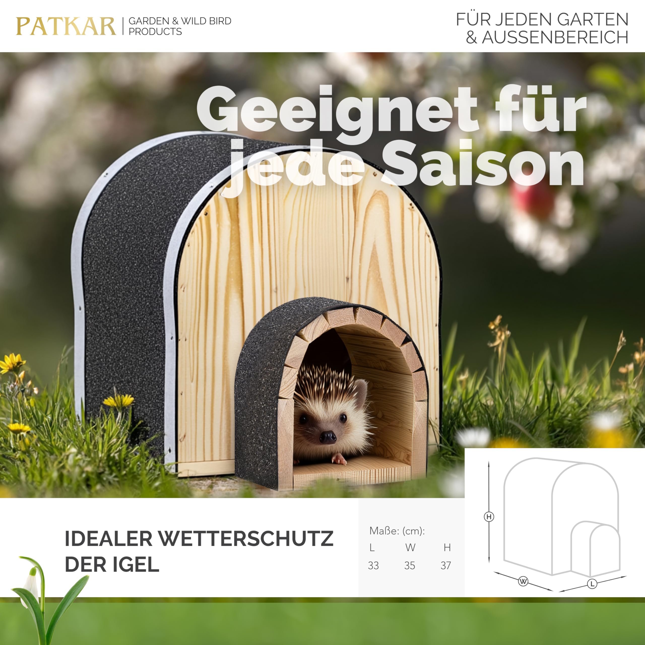 PATKAR Igelhaus Winterfest mit Boden [SCHÜTZT VOR FRESSFEINDEN] - Premium Igelfutterhaus (Made in Europe) - Hochwertige Igelhäuser Igel Haus - Igel Schlafhaus Igel Futterhaus - Igelhotel (Natur)