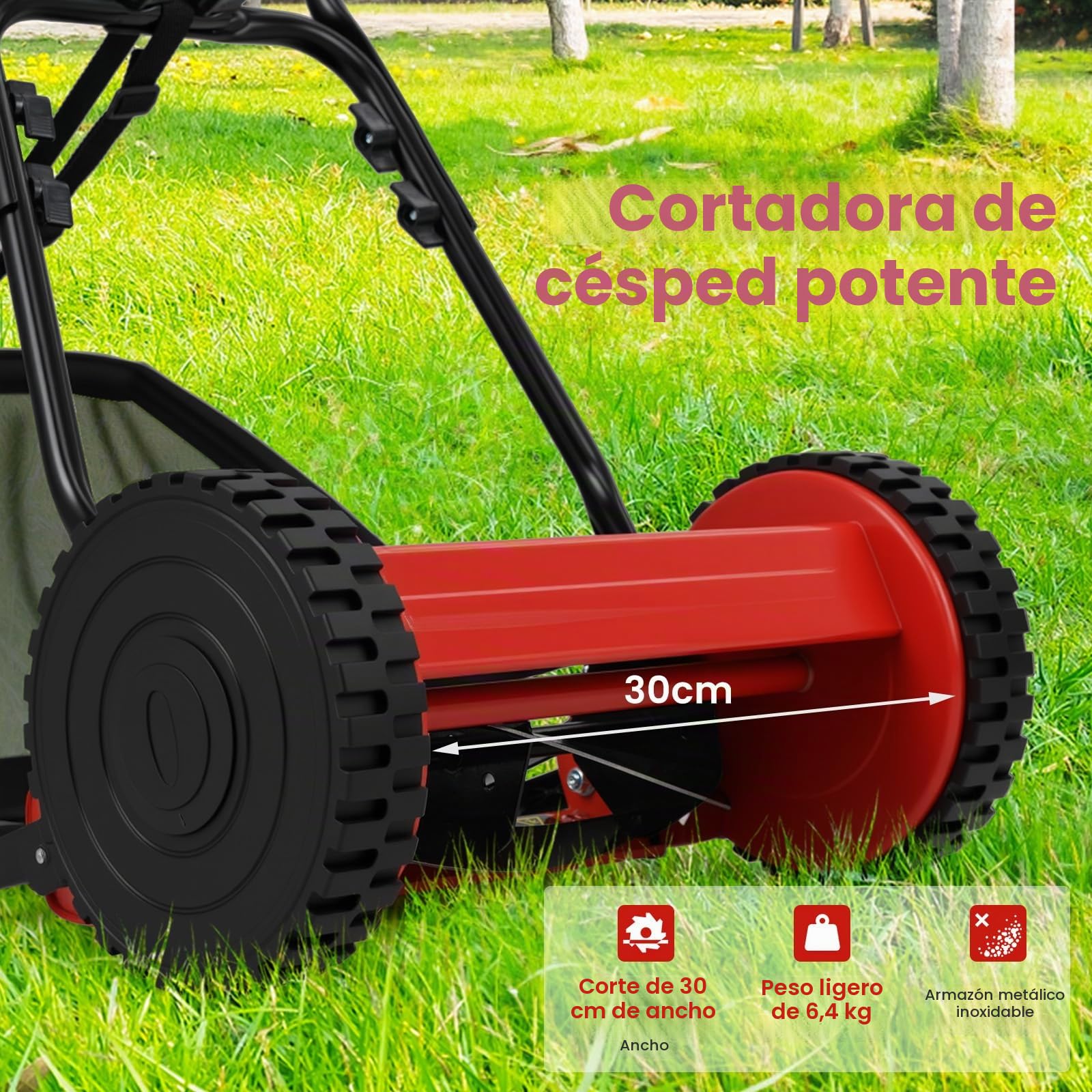 SOARS Cortacésped Manual - Ancho de Corte 30 cm, Bandeja 18.5 L, 4 Niveles de Altura (15-40 mm) - 5 Cuchillas Metálicas, 2 Ruedas - Ideal para Jardines Pequeños y Medianos