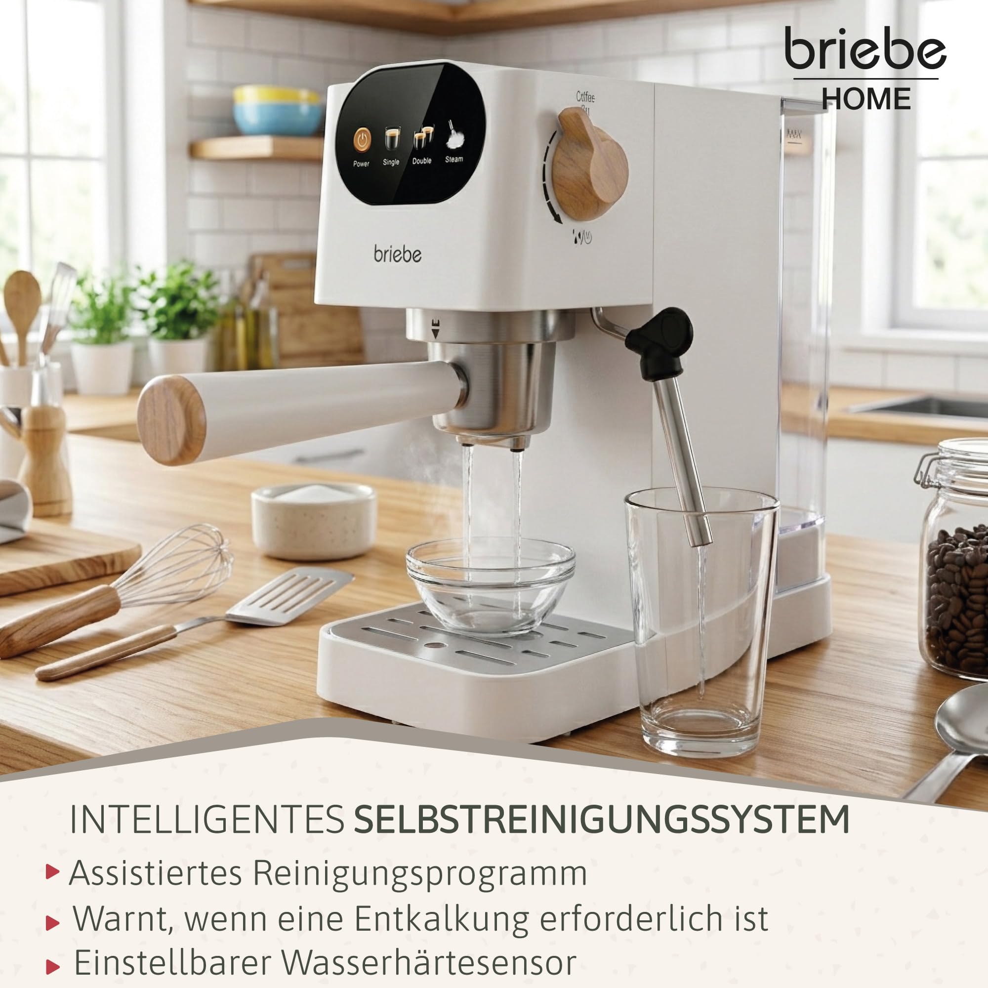 briebe Nordic Kaffeemaschine 20 Bar Kompatibel Nespresso-Kapseln und Kaffeemehl, Espresso Siebträgermaschine 1350W, Milchaufschäumer, Touch-Display, 1,2L Wassertank, Skandinavisches Design, Weiß