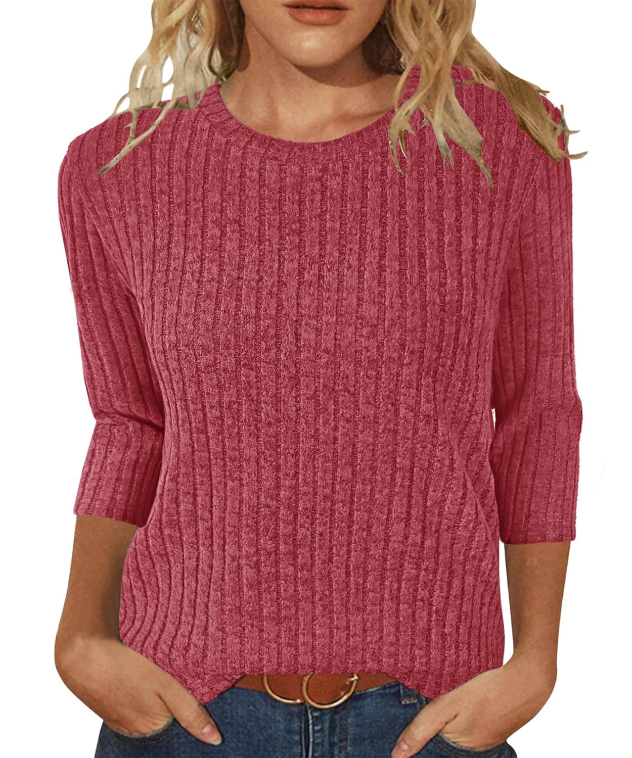 JomeDesign Sweaters for Women 3 4 Sleeve Tops Round Neck Loose Casual Blouses