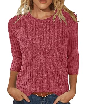 JomeDesign Sweaters for Women 3 4 Sleeve Tops Round Neck Loose Casual Blouses