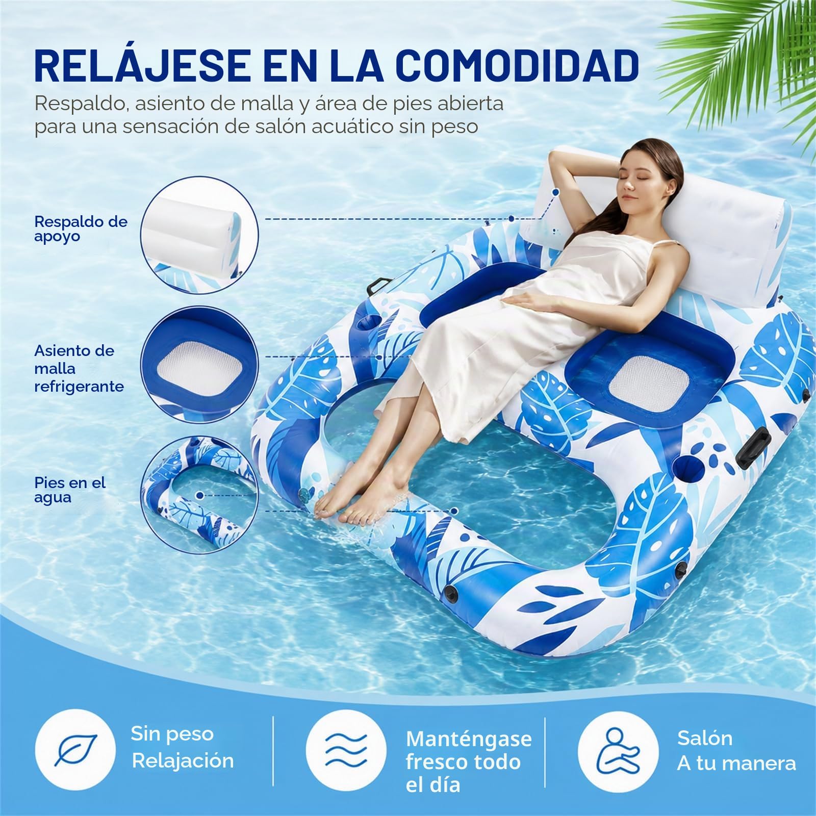 Sillón hinchable para 2 personas con respaldo grande | Isla de natación colchón de aire, soporte para bebidas, asa, para playa y piscina, para adultos