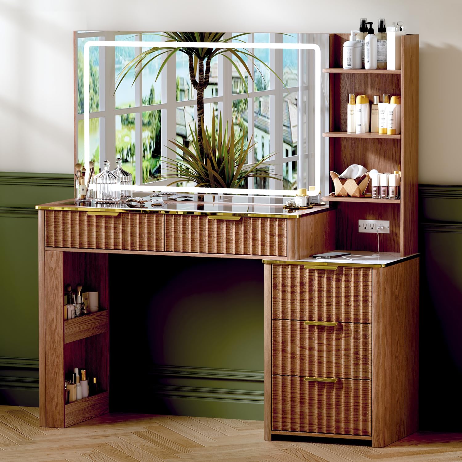 Photo 1 of (MISSING PARTS/MIRROR) GRUTEUNIT 51" Vanity Desk with Power Outlet, Makeup Vanity with Mirror and Lights, 3 Lighting Modes, Vanity Table with Glass Top, 5 Drawers, and Jewelry Storage,Brown