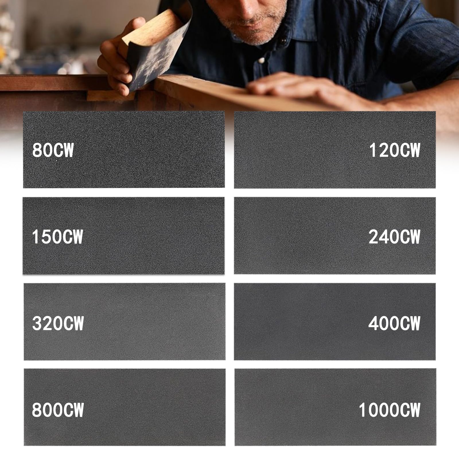 QGK Set di carta vetrata e spugna per la lavorazione del legno e dei mobili, 8 pezzi di grana fine 80#-1000# assortimento di fogli abrasivi 9x3,8 pollici, 1 pezzo 500#-600# spugna abrasiva