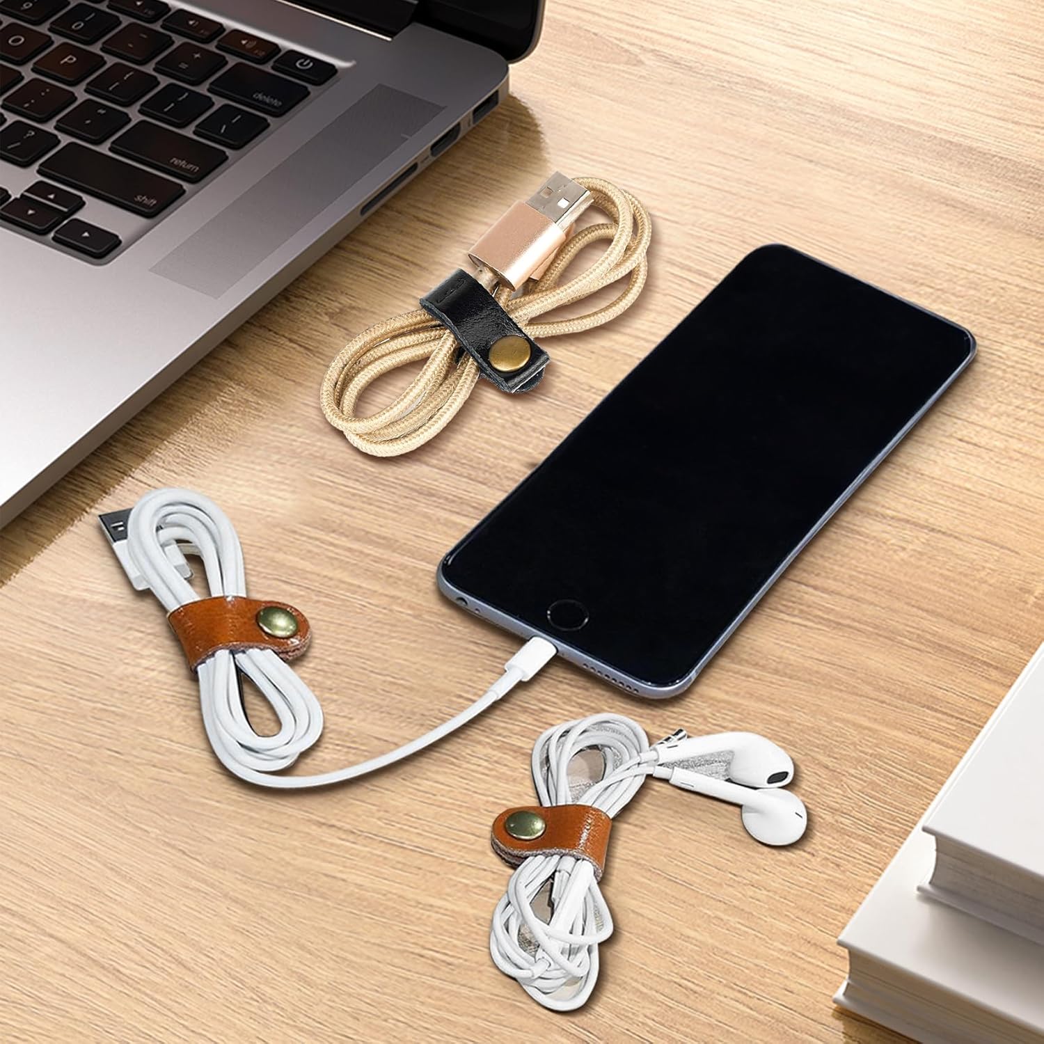 Maveek Genuine Leather Cable Ties - Cord Organizer & Winder, 10 Long + 10 Short Ties + 2 Square Cord Holders