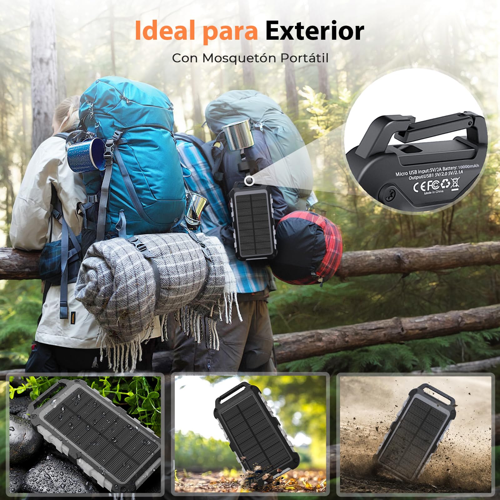 Cargador Solar 10000mAh, Power Bank Solar Batería Externa Portátil PD22.5W USB C Carga Rápida Impermeable 3 Salidas y 2 Entradas con Linterna LED para Moviles Tabletas Etc.