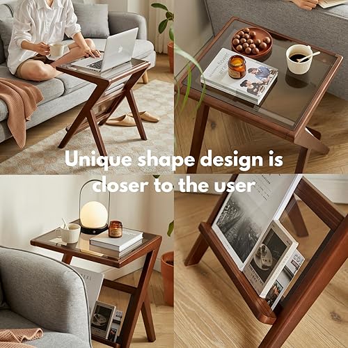 Miniatura 5 de Mesa auxiliar de madera en forma de Z con parte superior de vidrio extraíble, una adición contemporánea y versátil a tu espacio vital (nogal)