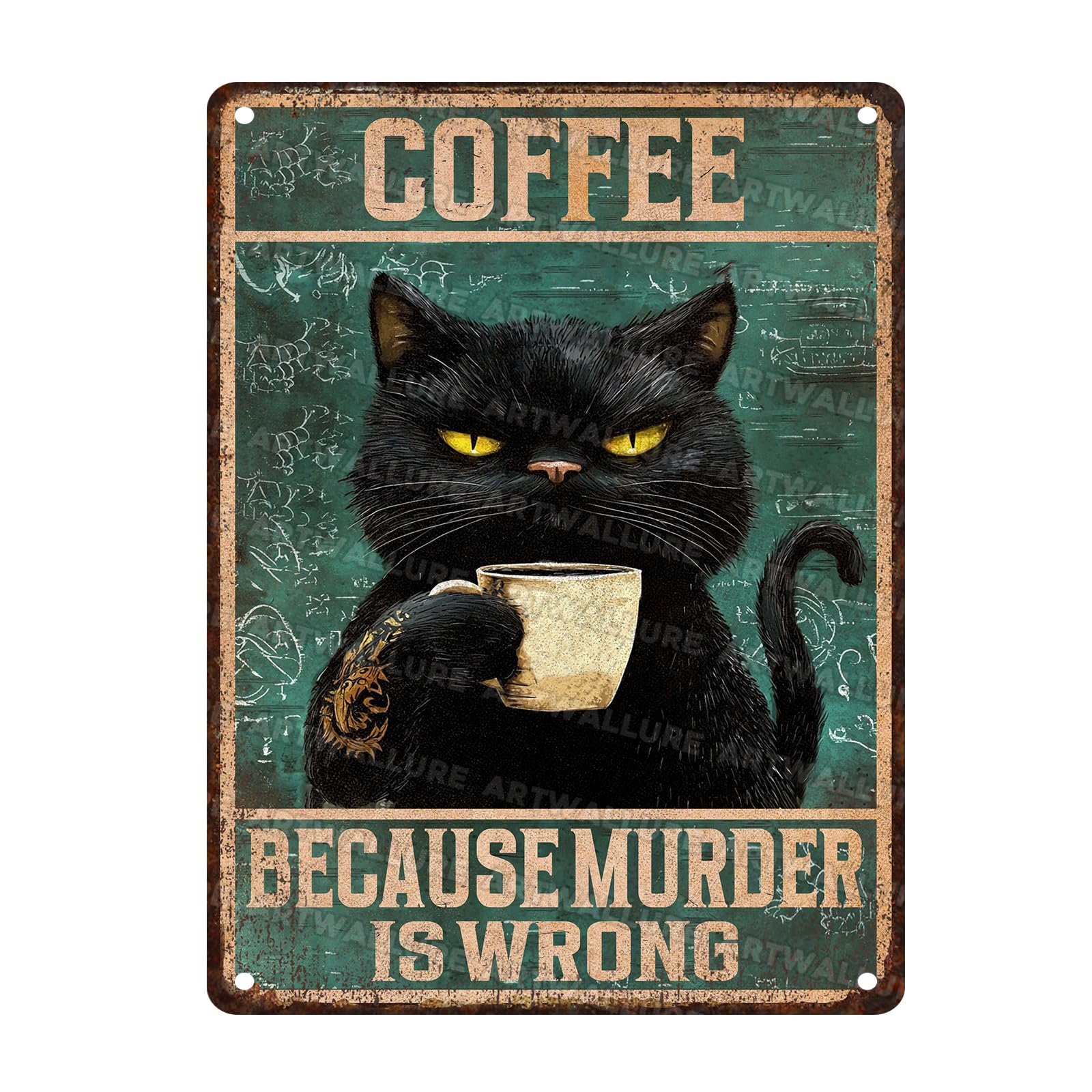 Black Cat Vintage Sign Because Murder Is Wrong Metal Sign Funny Kitchen Signs for Bar Wall Decor 12x16inch