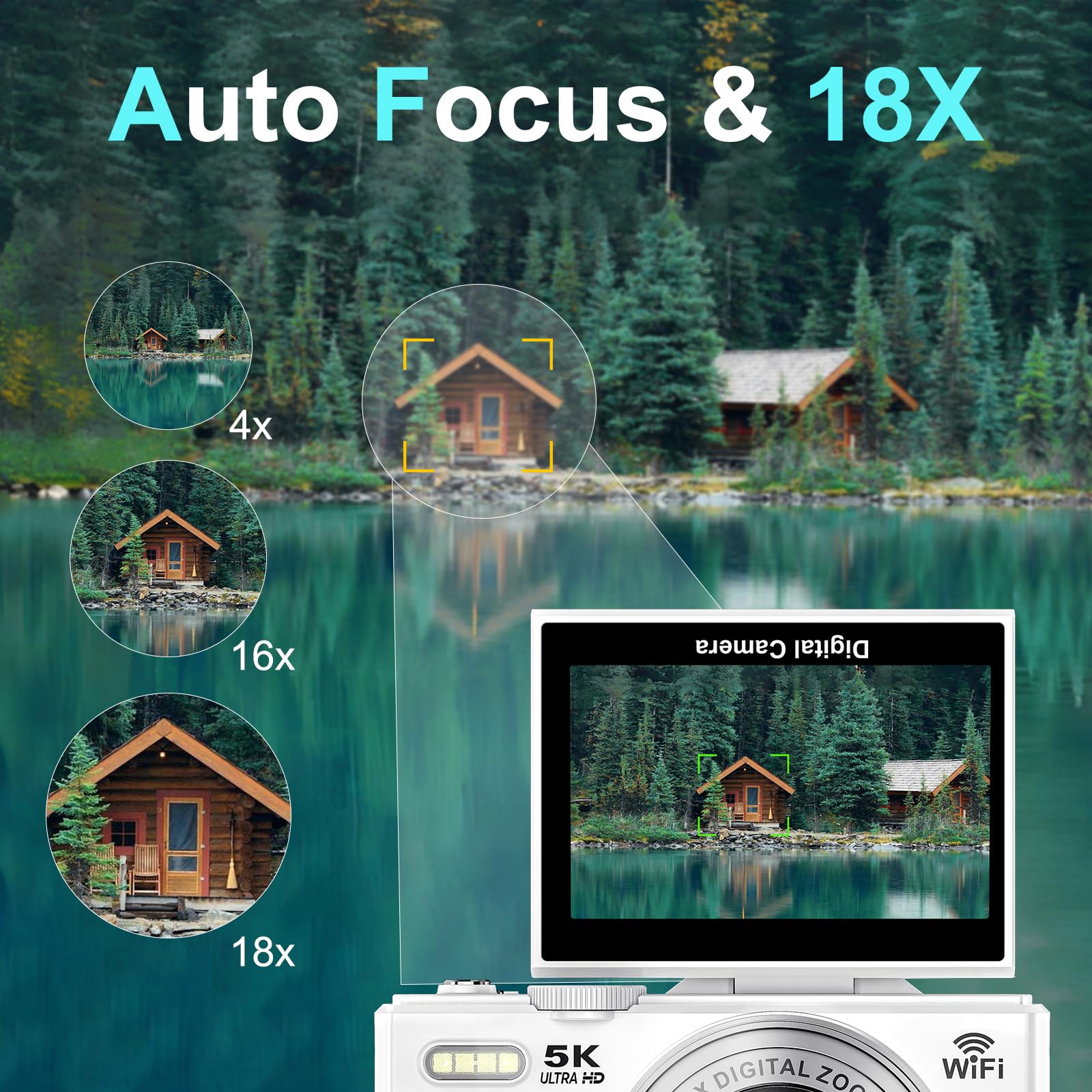 Fotocamera digitale 5K per fotografia, 75 MP, WiFi, per YouTube, fotocamere digitali UHD con zoom 18X e schermo flip da 3 pollici a 180°, fotocamera flash per fotografia di viaggio per principianti e