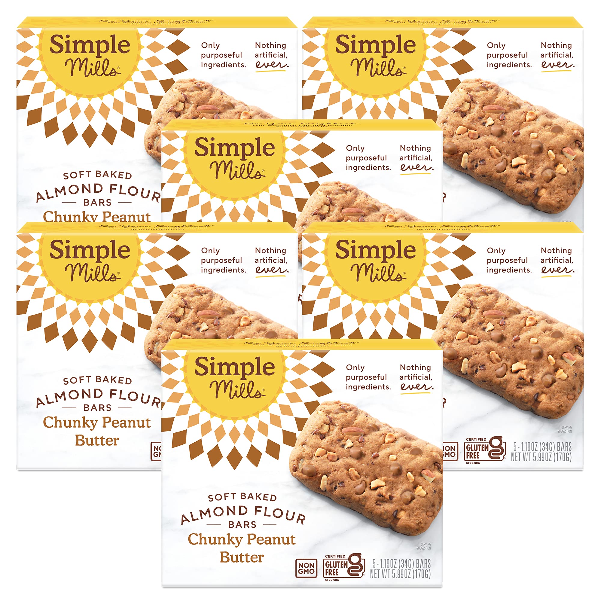 Simple MillsAlmond Flour Snack Bars, Chunky Peanut Butter - Gluten Free, Made with Organic Coconut Oil, Breakfast Bars, Healthy Snacks, 6 Ounce (Pack of 6)