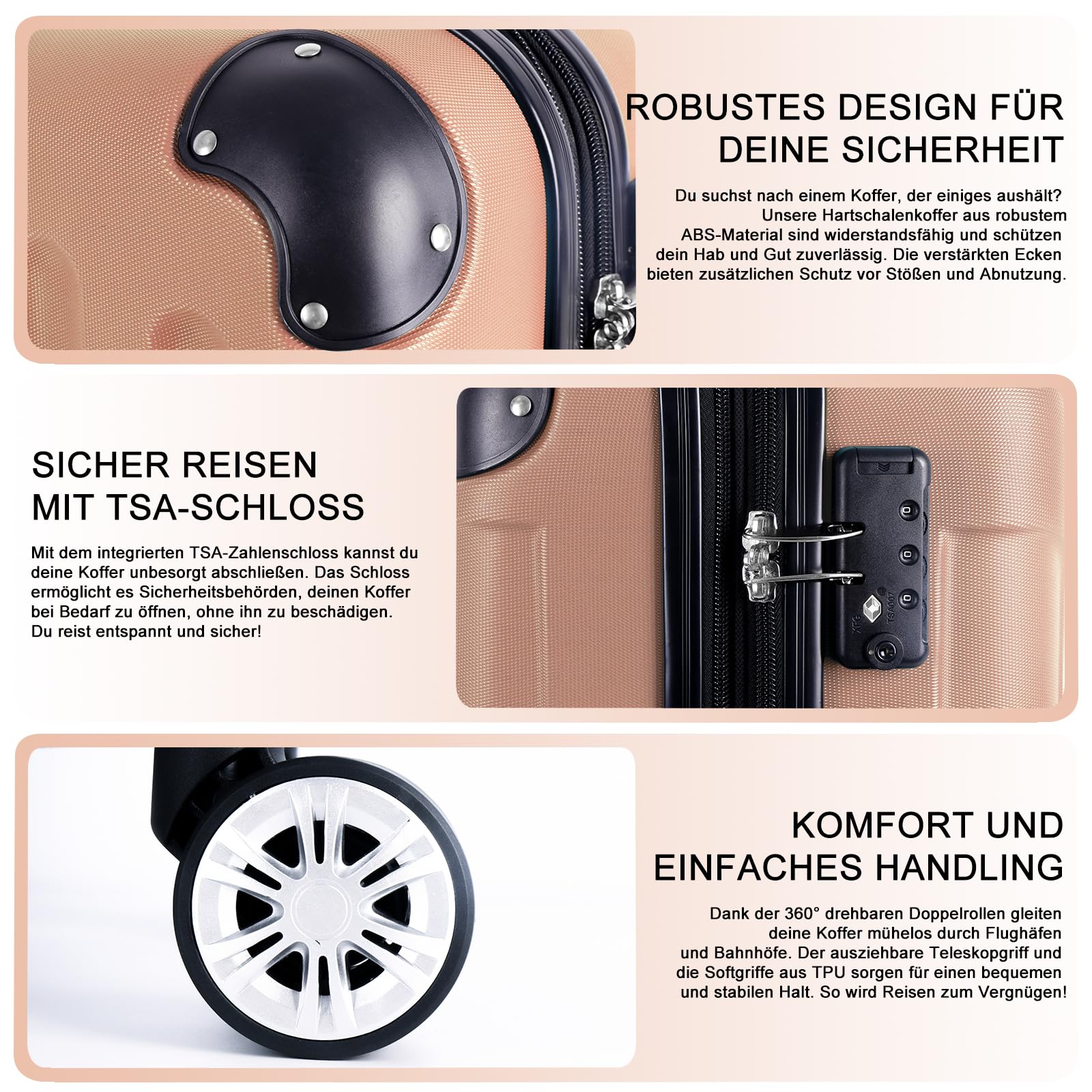 3er Kofferset - Robuste ABS- Hartschalenkoffer, TSA-Zahlenschloss, erweiterbare Kapazität - in M, L, XL - Eckenschutz, 360° drehbare, leise Doppelräder & Teleskopgriff, Handgepäcktauglich & stapelbar