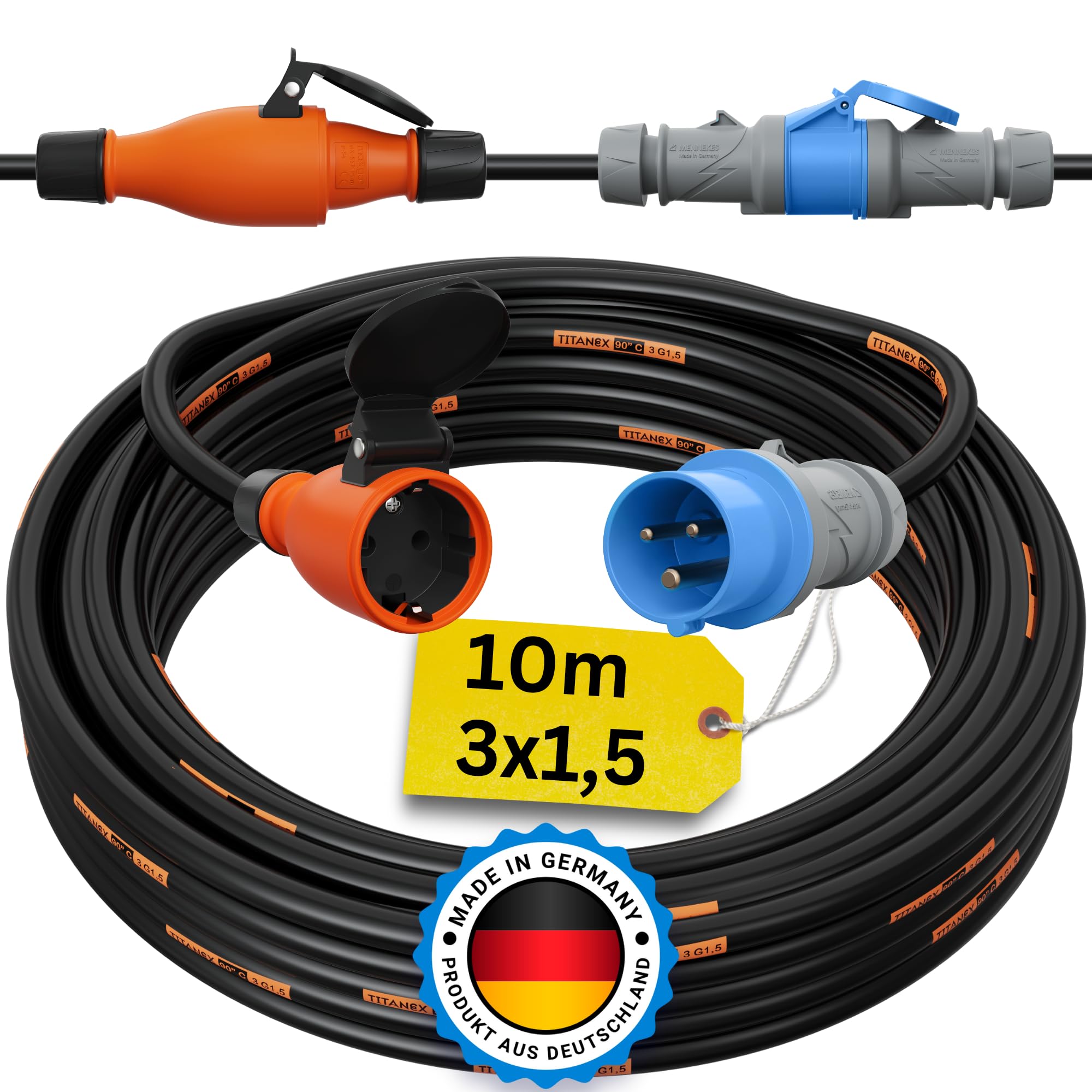 CEE auf Schuko Adapter 10m Camping Stromkabel TITANEX 3x1,5 Landstromkabel Wohnmobil Wohnwagen Kabel Camping Adapter 10 Meter Strom Verlängerungskabel CEE-Stecker Campingstecker