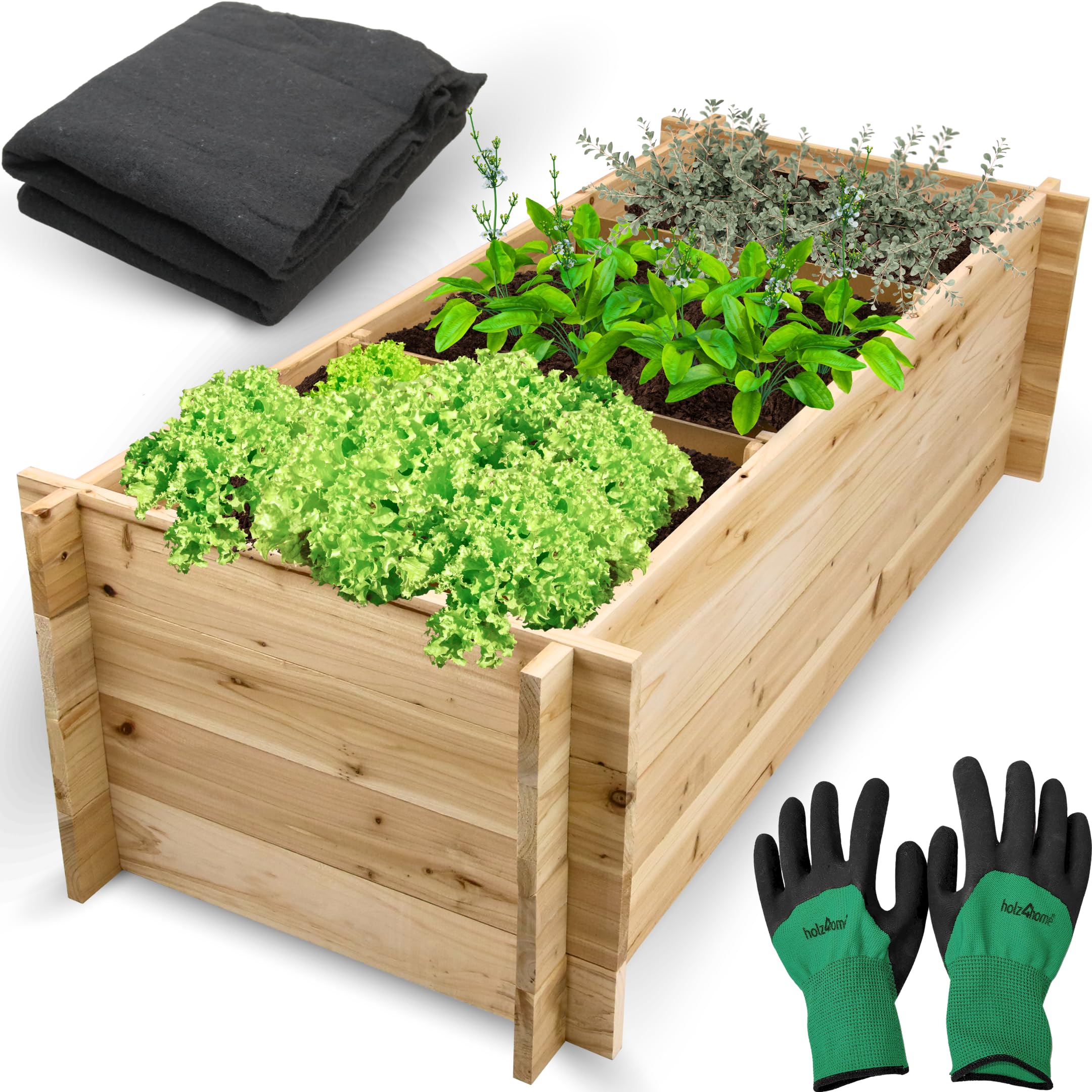 holz4home® Pflanzkasten mit 3 Fächern 140x60x40 cm I inkl. Vlies & Gartenhandschuhe I Holzrahmen ohne Boden I Blumenbeet Gemüsebeet für Garten Terrasse Balkon I Hochbeet Blumenkasten