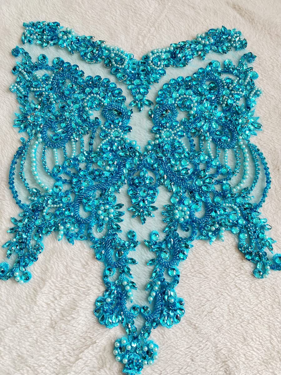 Handmade Rhinestone Lace Bodice Appliqué Patch – Sky Blue – Sew Or Glue Onto Dresses, Tops & More