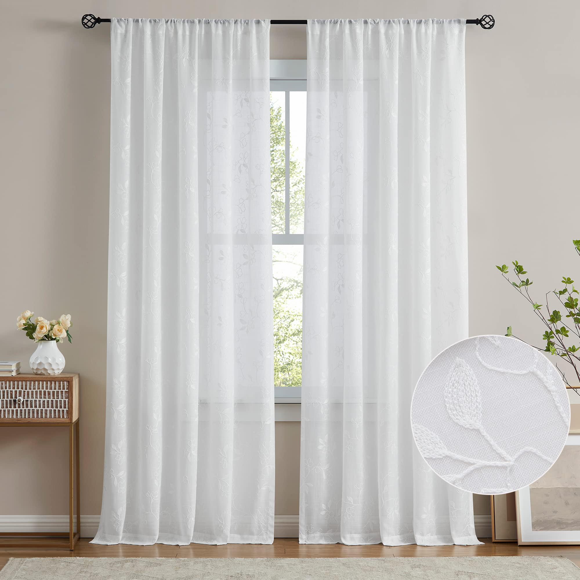 Vision Home Floral White Sheer Curtains 95 inch Embroidery Leaf Patterned Farmhouse Light Filtering Embroidered Window Treatment Set for Living Room Bedroom White Rod Pocket Drapes 2 Panels 52"Wx95"L