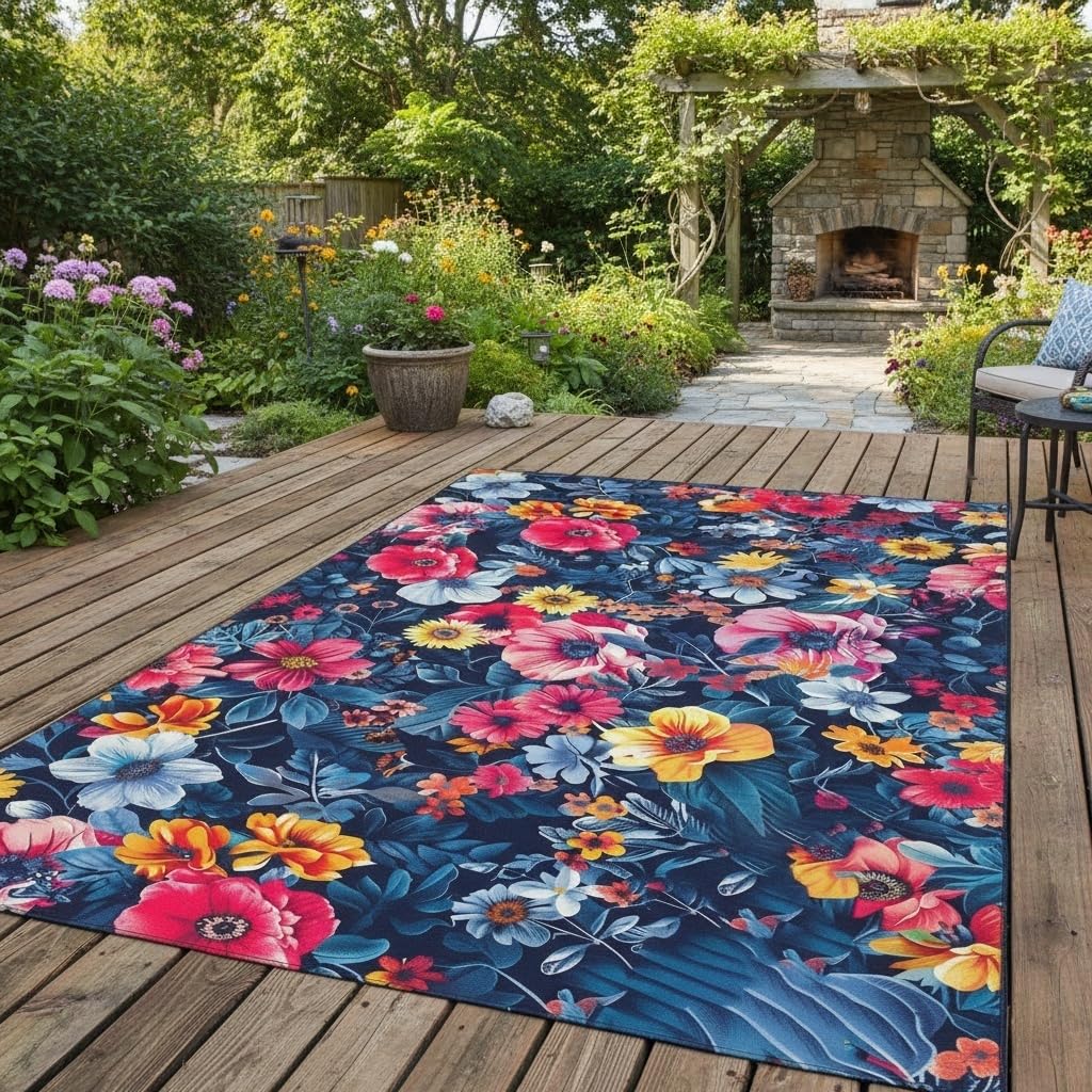 Amazon.com: Navy Blue Pink Yellow Vibrant Floral Outdoor Rug