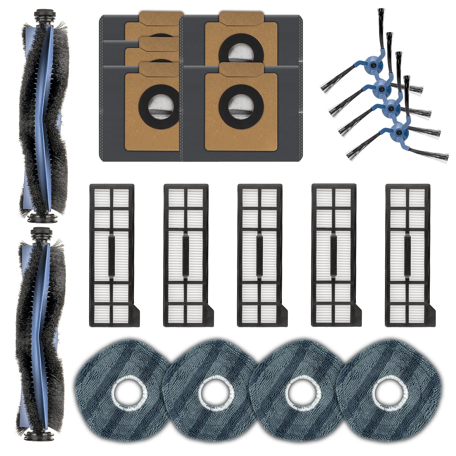 (20 Pack) X10 Pro Omni Replacement Parts Compatible With Eufy X10 Pro Omni Robotic Vacuum, 2 Roller Brushes, 4 Side Brushes, 5 Dust Bags, 5 HEPA Filters, 4 Mop Pads, Accessories Kit
