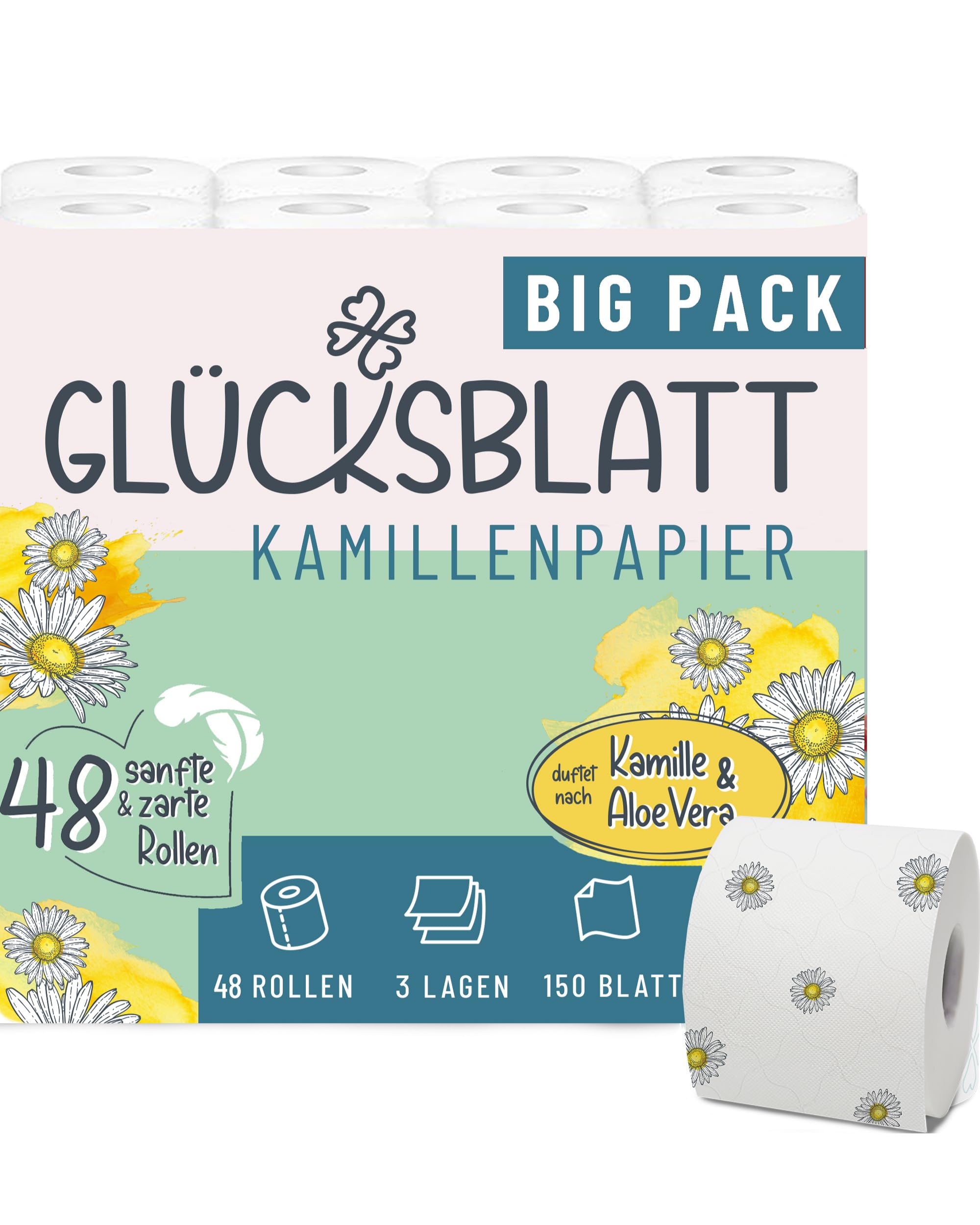 Glücksblatt Topa 3lg. DY 16x150 Blatt mit Kamilleduft und Druck, 100% Zellstoff, 70% PEFC-zertifiziert SGSCH-PEFC-COC-000977 | Duft nach Kamille