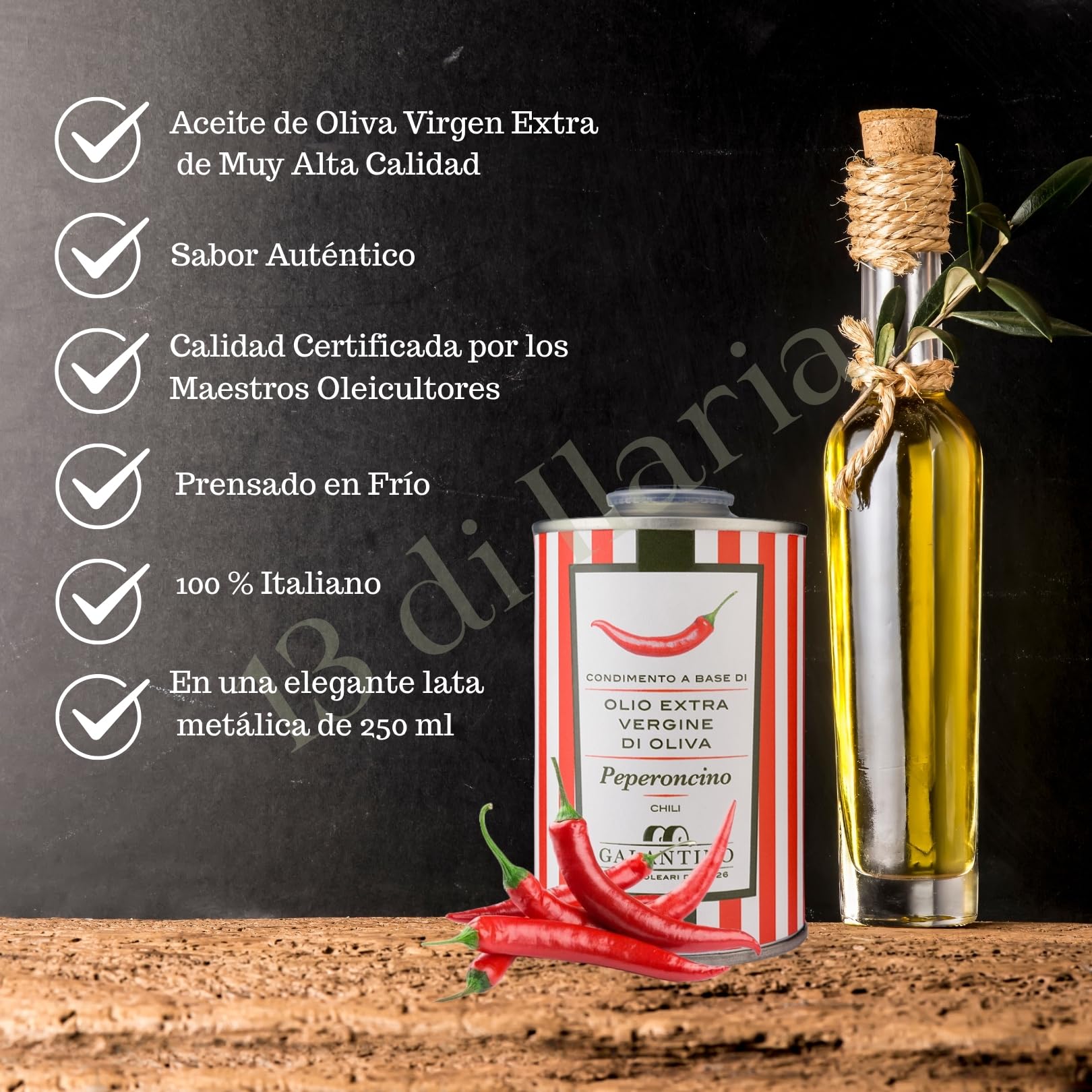 Aceite de Oliva Virgen Extra con Chile 250 ml | Lata Gourmet, Italiano Artesanal, Prensado en Frío | Sabor Fresco y Natural - 3