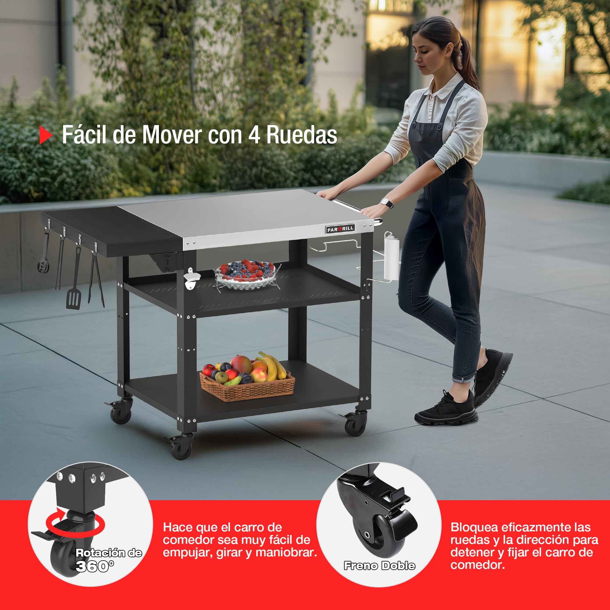 PARGRILL Carro de Barbacoa de Acero Inoxidable LFGB con 3 Niveles, Carrito de Comedor con Mesa Lateral Plegable, Ruedas de 360° con Freno, Capacidad de 88 kg, Ideal para Cocinas, Barbacoas, Fiestas