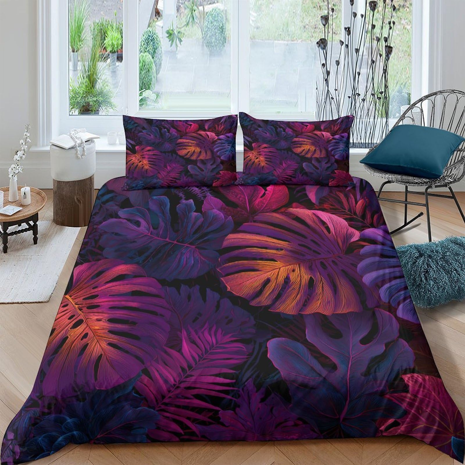 Ctjqhvkz Style-8 3D Printed Tropical Leaves Fitted Sheet Microfiber Soft Purple Orange Mattress Cover For Bedroom Guest Room Decor Single（135X200cm）