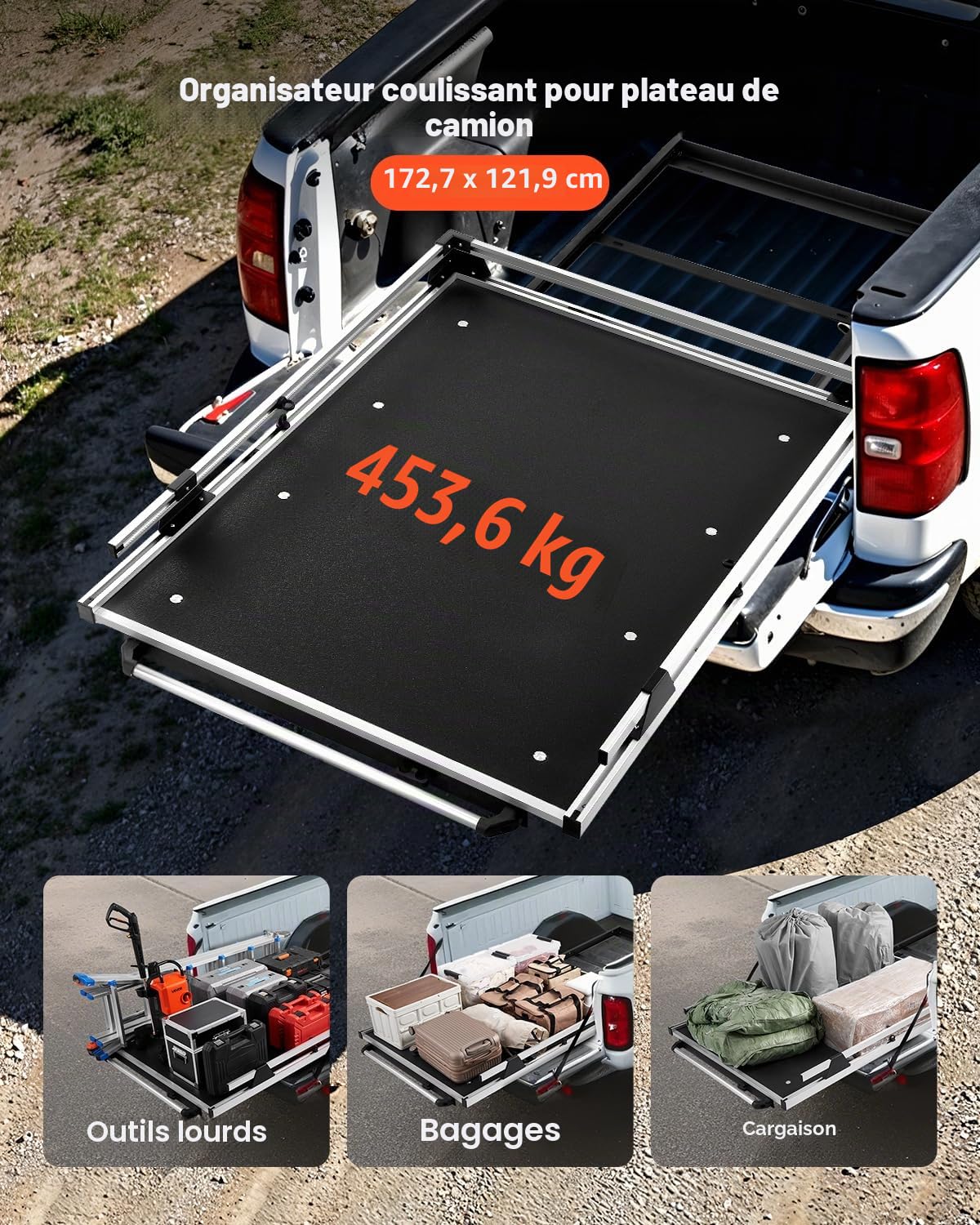 VEVOR Organiseur de lit Coulissant pour Camion, 1727 x 1220 mm, tiroir de Rangement Robuste pour Caisse de Camion, 453,6 kg, avec 6 Anneaux Mobiles de Fixation, Plateau Coulissant 2 Positions, Noir