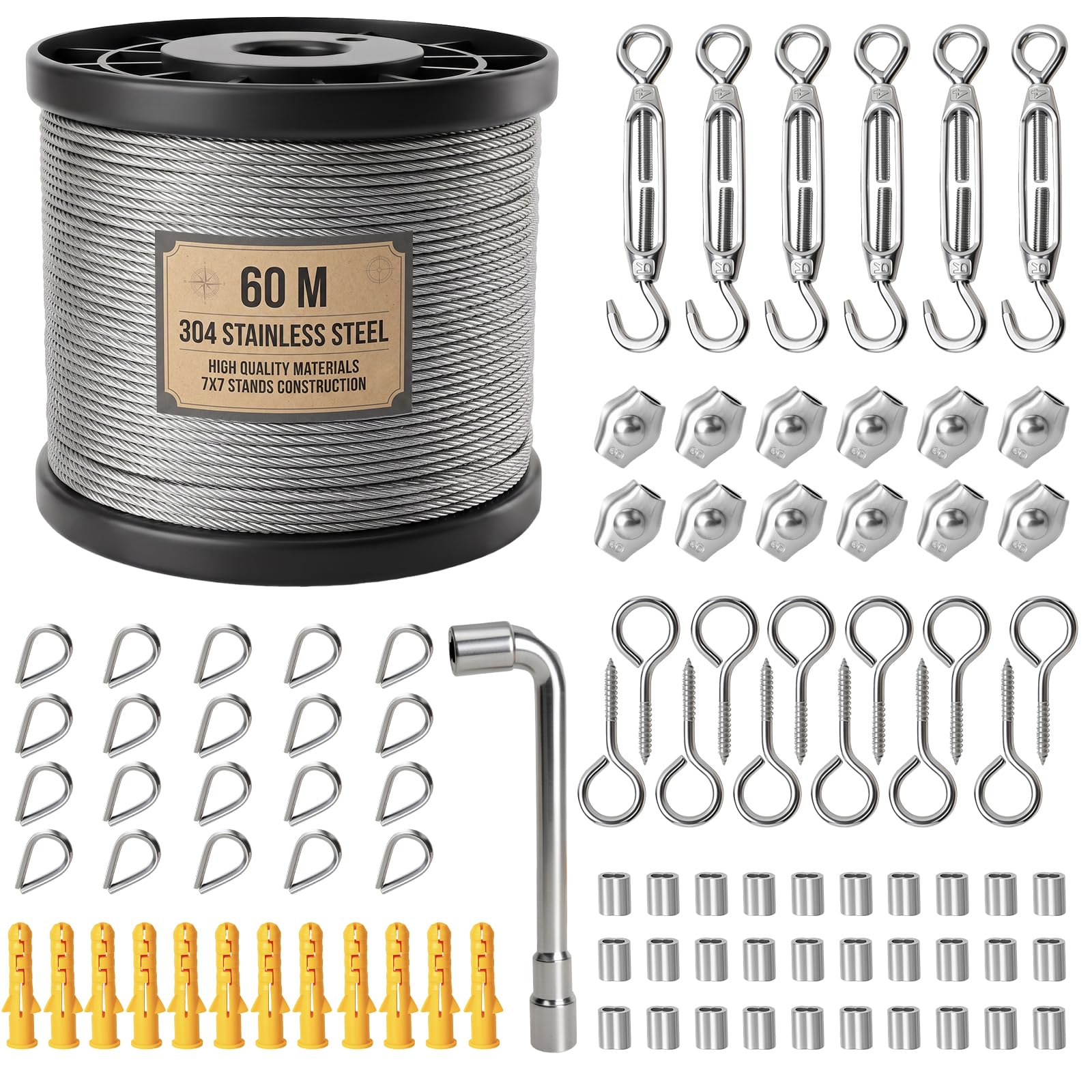 94 Pièces Kit de Câble Métallique en Acier Inoxydable 304, 60M 2 MM Recouvert de PVC avec Tendeur Cable Inox, pour Plantes Grimpantes, Clôture, Treillis, Étendoir Extérieur, Suspension de Luminaires