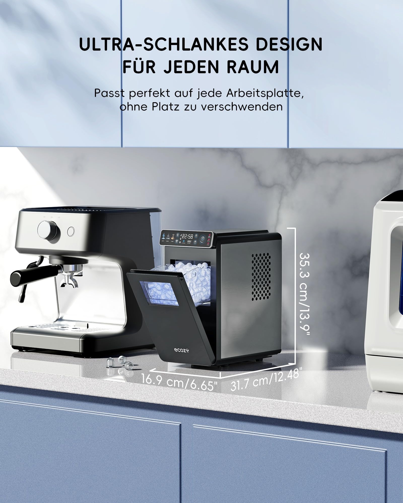 ecozy Eiswürfelmaschine Klein, Tragbar und Kompakt mit Farbdisplay, 24-Stunden-Timer, 12 KG/24H, Eiswürfel in 6 Minuten, 2 Eiswürfelgrößen, Selbstreinigende Ice Maker, Ideal für Küche, Büro, Partys