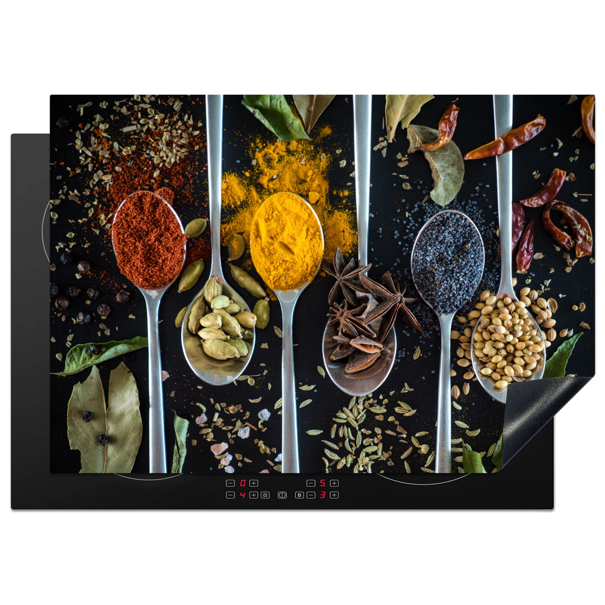 KitchenYeah© Induction Hob Protector Mat 20.5"x29.5" / 75x52 cm Cooker Top Protectors Cover Ceramic Covers Electric Hobs Vinyl Herbs - Spoon - Spices - Black - Kitchen