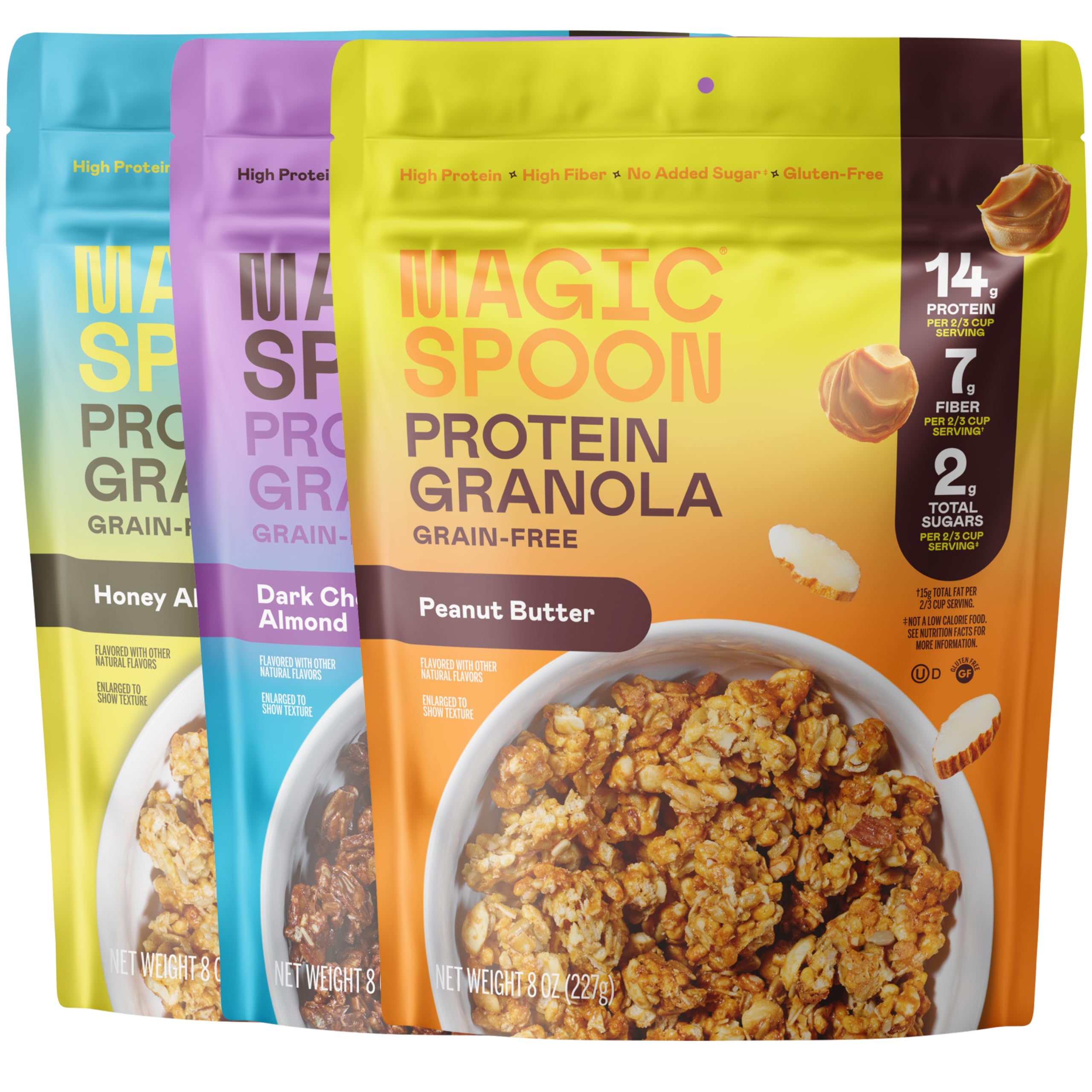 Magic SpoonProtein Granola - High Protein Granola, Keto Friendly, Low Sugar, Grain Free, Healthy Breakfast or Quick Snack (1 bag of each: Honey Almond, Dark Chocolate Almond, Peanut Butter)