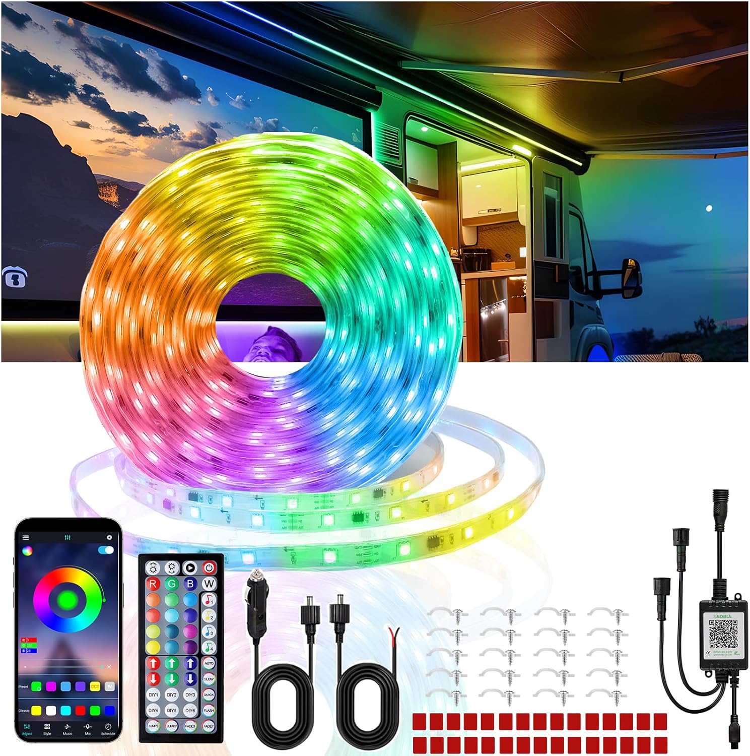 RV Awning Lights, 12V 100FT (2 Rolls of 50ft) RGB RV Camping Awning Lights, IP68 Waterproof LED Lights,RV Exterior Strip Lights for Motorhome Travel Trailer Canopy Party, Stands Food Trucks RV Awning Lights, 12V 100FT (2 Rolls of 50ft) RGB RV Camping Awning Lights, IP68 Waterproof LED Lights,RV Exterior Strip Lights for Motorhome Travel Trailer Canopy Party, Stands Food Trucks