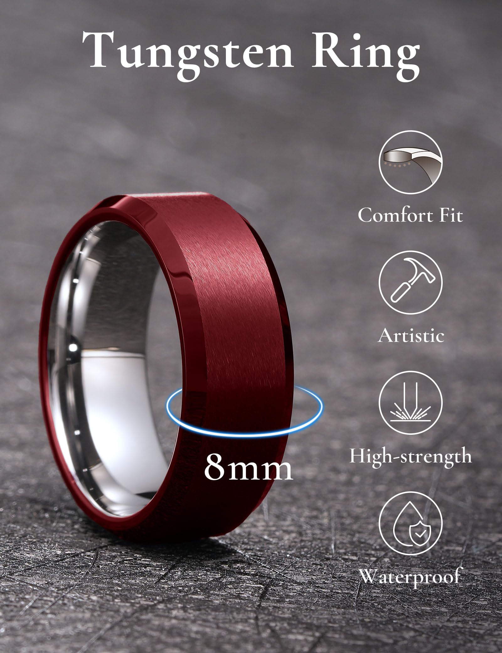 King Will Anillo de boda de carburo de tungsteno de 6 mm, 7 mm, 8 mm, ajuste cómodo, bordes biselados, bordes escalonados, T 1/2(62.08mm), Carburo de tungsteno, Sin piedra preciosa