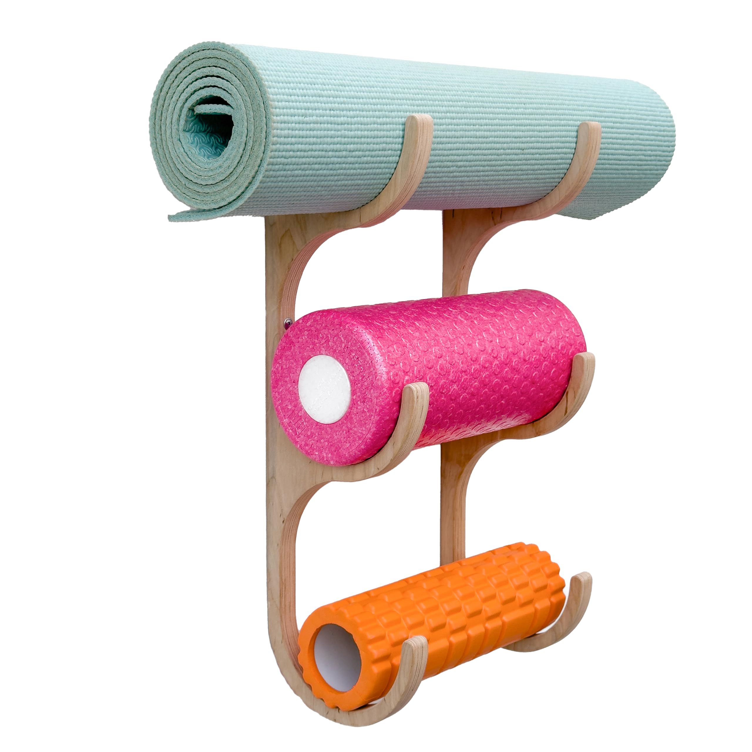 Yoga mat holder wall mount wooden handmade hanging hooks for home gym fitness class room mats storage organizer storage rack handcrafted from wood (